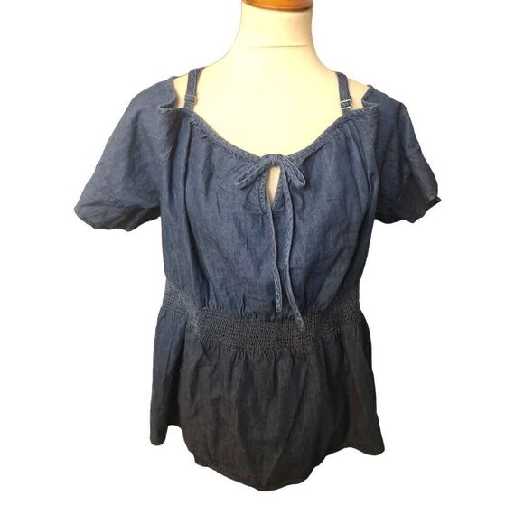 Lane Bryant Blouse Denim Top Smocked Waist Off Cold Shoulder jean shirt top - Picture 3 of 14